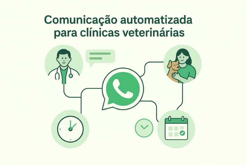 Infográfico mostrando ícones conectados ao WhatsApp, representando a centralização da comunicação automatizada da clínica com a OtimizeVet
